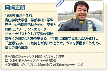 岡崎五朗 1966年東京生まれ。
青山学院大学理工学部機械工学科
在学中から執筆活動を始め、卒業と
同時にフリーランスのモーター
ジャーナリストとして活動を開始、
数多くの雑誌に記事を寄せる。1年間に試乗する車は200台以上。
「生活を共にして気持ちが良いかどうか」が車を評価するうえでの
最大の関心事項

日本自動車ジャーナリスト協会（ＡＪＡＪ）理事
2010-2011日本カーオブザイヤー選考委員
主な執筆誌　グッズプレス/Men's Ex/Car&Driver/carview