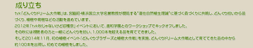 成り立ち
tvk「どんぐりドリーム大作戦」は、宮脇昭・横浜国立大学名誉教授が提唱する“潜在自然植生理論”に基づく森づくりに共鳴し、どんぐり拾いから苗づくり、植樹や育樹などの活動を進めています。
2012年「ｔｖｋ秋じゃないけど収穫祭」イベントにおいて、進和学園とのワークショップでキックオフしました。
その秋には視聴者の方と一緒にどんぐりを拾い、1,000本を超える苗を育ててきました。
そして2014年11月、初の植樹イベント『どんぐりブラザーズと植樹大作戦』を実施、どんぐりドリーム大作戦として育ててきた苗の中から約100本を出荷し、初めての植樹をしました。